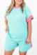 Light Blue Plus Size Color Block Corded Knit Tee and Shorts Set