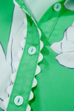 Green Floral Ric Rac Edge Puff Sleeve Button Up Summer Shirt
