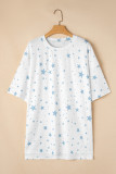 Sky Blue Stars Print Drop Shoulder Oversized T Shirt with Slits