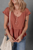 Chestnut Short Sleeve U Neck Buttons Splicing Ruffle Blouse
