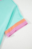Light Blue Plus Size Color Block Corded Knit Tee and Shorts Set