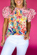 Red Floral Mixed Print Ruffle Cap Sleeve Blouse