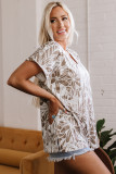 Khaki Floral Print V Neck Short Sleeve Loose Fit Blouse