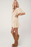 Apricot Boho Floral Tassel Tie V Neck Ruffle Wide Sleeve Mini Dress