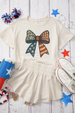Beige Leopard Flag Day Bow Print Loose Tee High Waist Skort Set