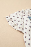 White Boho Pattern Tiered Ruffled Sleeve V Neck Buttoned Blouse