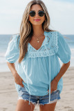 Mist Blue Embroidered Lace Patchwork Tie Neck Puff Short Sleeve Blouse