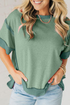 Smoke Green Half Sleeve Raw Seam High Low Side Split Top