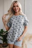 Gray Star Print Tiered Ruffled Sleeve Crew Neck T Shirt