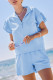 Beau Blue Ribbed Texture Half Zip Ruffled Short Sleeve Top and Shorts Set