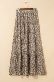 Brown Western Floral Print Ruffled Hem High Waist Loose Maxi Skirt