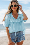Mist Blue Embroidered Lace Patchwork Tie Neck Puff Short Sleeve Blouse