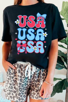 Black July 4th Cute Flower Bow USA Letter Graphic Tee