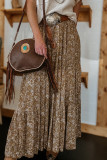 Brown Western Floral Print Ruffled Hem High Waist Loose Maxi Skirt