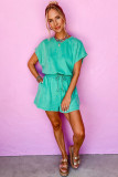 Sea Green Mineral Wash Drawstring Waist Hollow Out Back Short Sleeve Romper