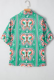 Sea Green Boho Abstract Print Contrast Striped Collared V Neck Blouse