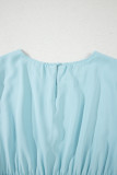 Light Blue Puff Sleeve Pleated High Waist Flowy Midi Dress