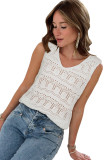 White V Neck Textured Hollow-out Sweater Vest