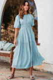 Light Blue Puff Sleeve Pleated High Waist Flowy Midi Dress
