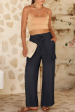 Black Drawstring Frilled Waist Wide Leg Utility Trousers