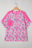 Pink Plus Size Floral Print Corded Patchwork Loose Top