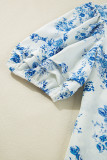 Sky Blue Floral Tiered Puff Short Sleeve Pleated Bust Buttoned Casual Shirt