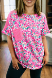Pink Plus Size Floral Print Corded Patchwork Loose Top
