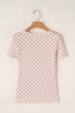 Pink Checkered Ribbed Slim Fit Crew Neck T Shirt