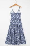 Blue Floral Spaghetti Strap Frilled V Neck Tiered Midi Dress