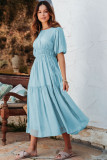 Light Blue Puff Sleeve Pleated High Waist Flowy Midi Dress