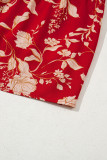 Red Floral Print Buttoned Front V Neck Tiered Short Sleeve Midi Dress