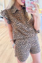 Brown Leopard Half Zipper Collared Ruffled Sleeve Top and Short Set