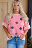 Peach Blossom Independence Day Sequin Star Graphic Contrast Patchwork Tee