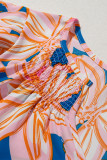 Orange Summer Flower Print Notched Neck Ruffle Sleeve Blouse