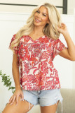 Red Vintage Floral Ruffle Sleeve V Neck Blouse