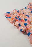 Orange Summer Flower Print Notched Neck Ruffle Sleeve Blouse