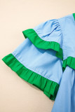 Mist Blue Contrast Notched Neck Frilly Detail Short Sleeve Blouse