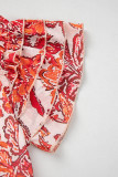 Red Vintage Floral Ruffle Sleeve V Neck Blouse