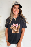 Black Bow Cow Head Graphic Western Fashion T Shirt