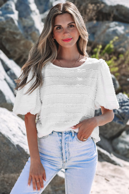 White Frilled Lace Trim Bubble Sleeve Blouse