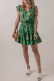 Green Floral Tie Split Neck Frilly Ruffle Trim Tiered Short Dress