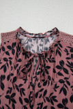 Brown Leaf Print Lace-up V Neck Crinckled Tank Top
