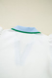 White Color Contrast Ruffled Sleeve Collared V Neck Blouse