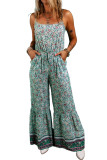Green Bohemian Floral Ruffle Bottom Spaghetti Strap Jumpsuit