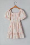 Pink Floral Puff Sleeve Square Neck Knotted Open Back Ruffled Mini Dress