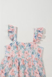 Pink Floral Print Square Neck Backless Long Dress with Slit