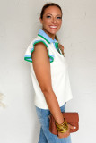 White Color Contrast Ruffled Sleeve Collared V Neck Blouse