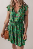 Green Floral Tie Split Neck Frilly Ruffle Trim Tiered Short Dress