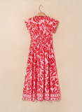 Red Boho Floral Short Sleeve V Neck Buttoned Shirred Waist Long Dress
