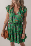 Green Floral Tie Split Neck Frilly Ruffle Trim Tiered Short Dress